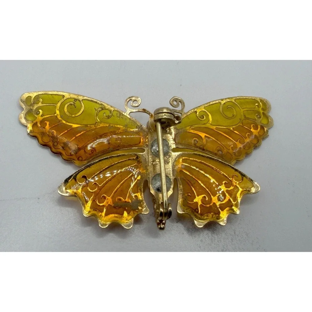 Vintage Gold Tone Butterfly Brooch‎ Yellow Amber Lucite Wings